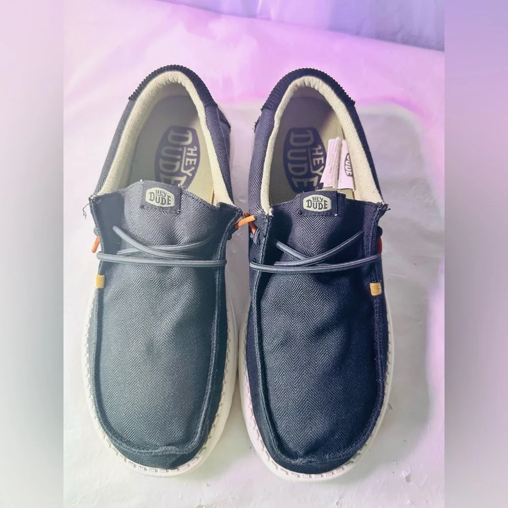 Hey Dude Men's Black Canvas Slip-On Loafers with White Sole